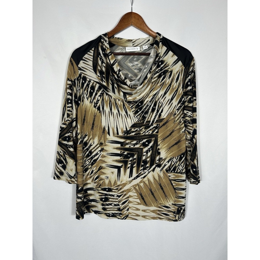 Susan Graver Womens Liquid Knit Cowl Neck Top Size M Brown Floral Print Mob Wife